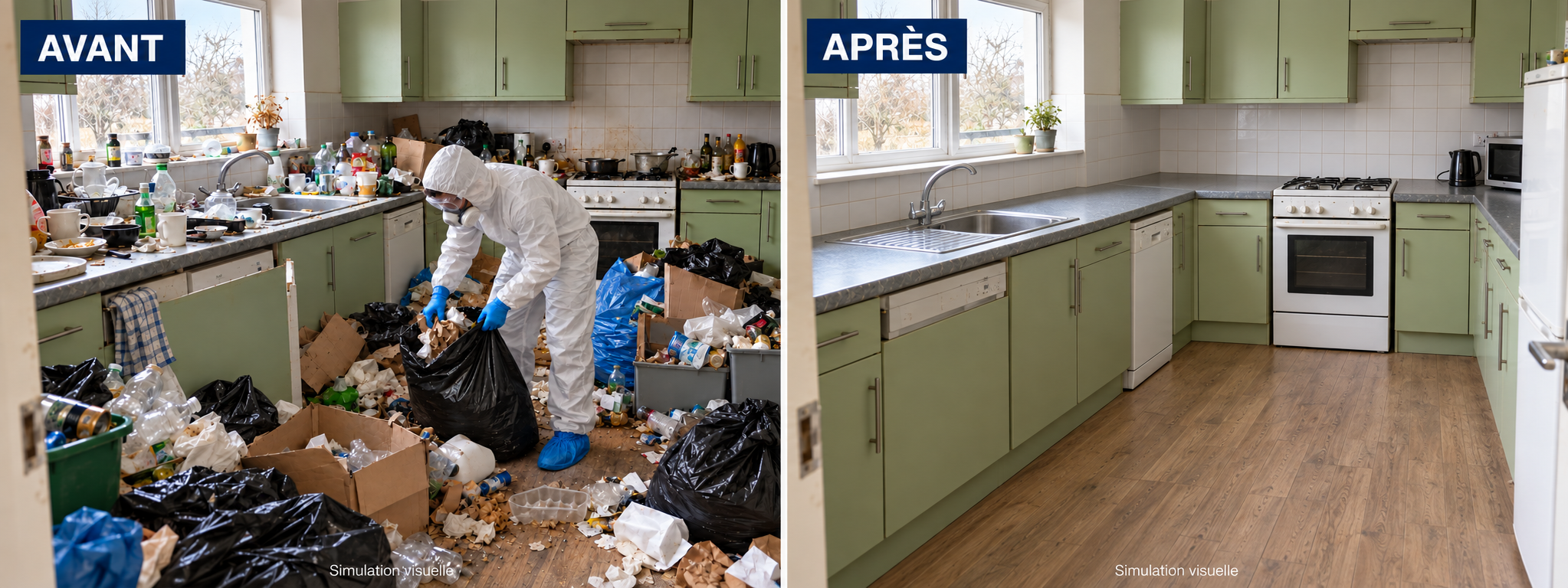 Cuisine avant et après nettoyage - Syndrome de Diogène